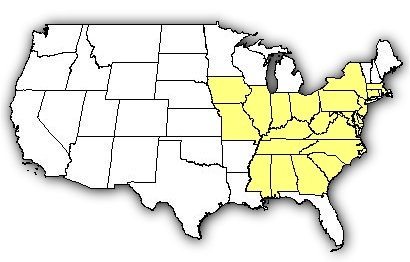 Map of US states the Northern Copperhead is found in.
